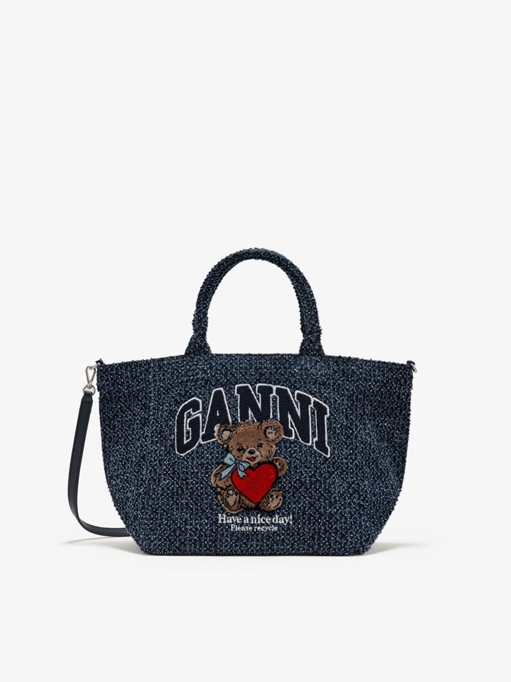 Ganni Tweed Denim Small Bear Tote